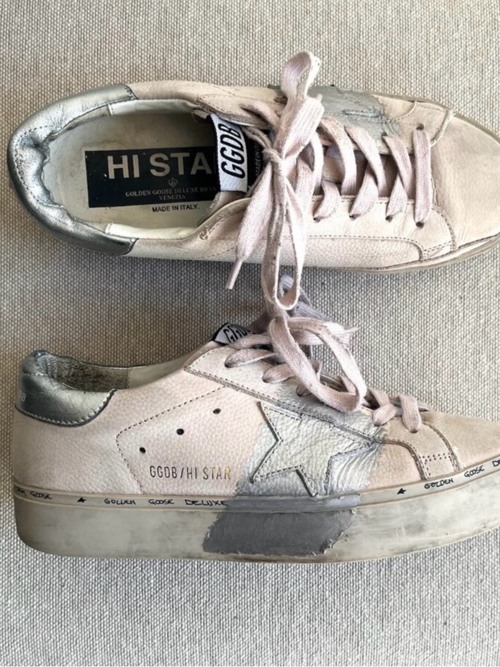 Golden Goose Hi Star Low-Top Sneakers in Light Pink with Metallic Silver Star